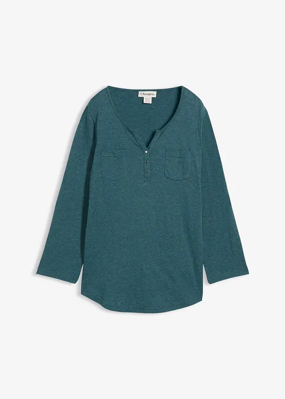 Baumwoll-Henleyshirt mit Knopfleiste in petrol von vorne - bonprix