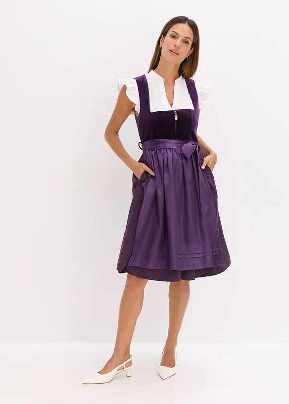 Dirndl mit Samt in Midilänge (2-tlg.Set) in lila von vorne (Totalaufnahme) - bonprix