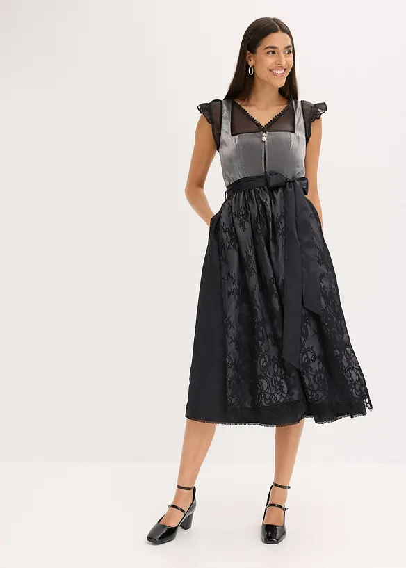 Dirndl mit glänzendem Mieder (2-tlg.Set) in schwarz von vorne (Totalaufnahme) - bonprix