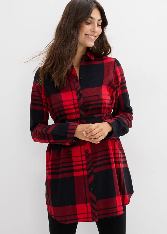Lange Umstandsbluse aus weichem Baumwoll-Flanell in rot von vorne (im Anschnitt) - bonprix