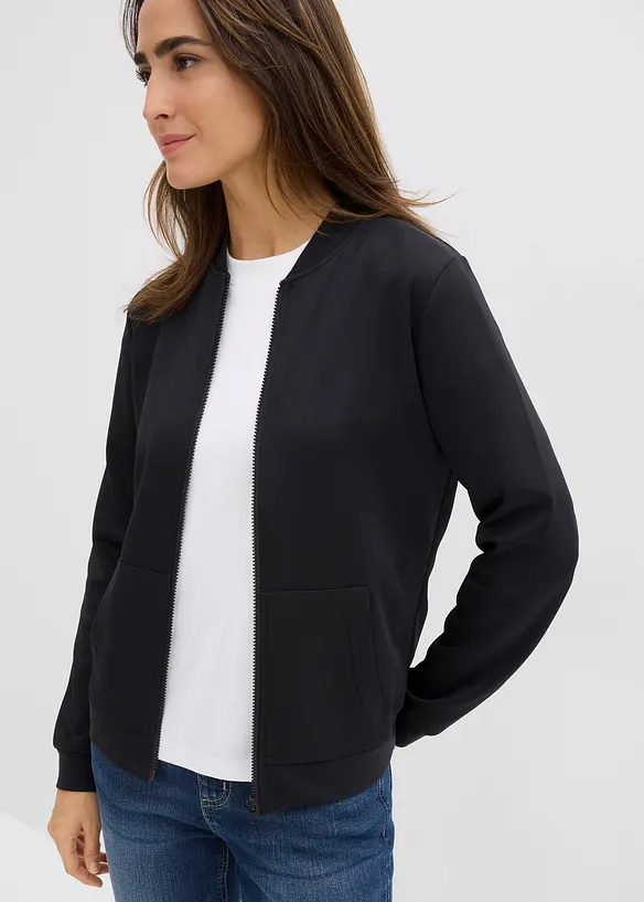 Sweatjacke aus Scuba mit Reißverschluss in schwarz von vorne (im Anschnitt) - bonprix