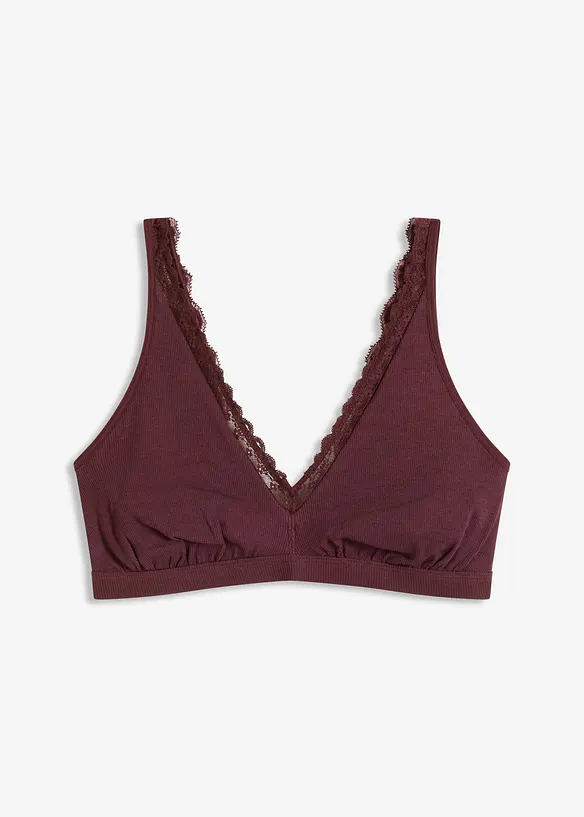 Geripptes Bralette mit Bio-Baumwolle und Spitze in rot von vorne - bonprix