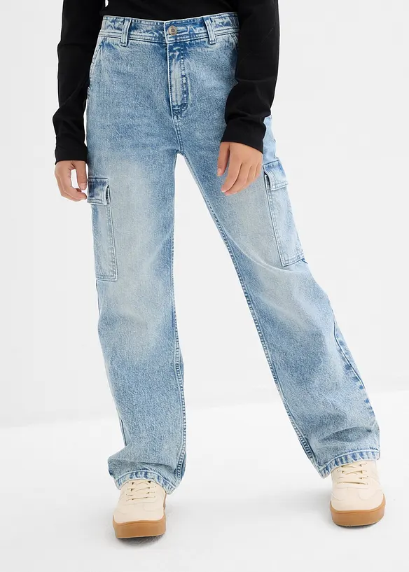 Weite Cargo-Jeans Mid Waist in blau von vorne - bonprix