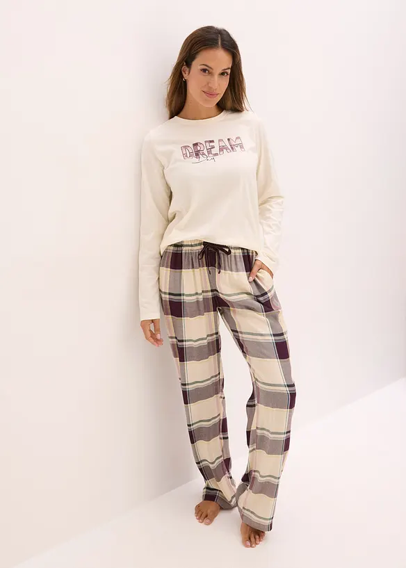 Pyjama mit weicher Webhose und Geschenktasche in beige im Look von vorne (Totalaufnahme) - bonprix