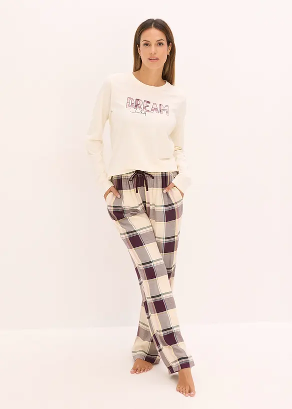 Pyjama mit weicher Webhose und Geschenktasche in beige von vorne (Totalaufnahme) - bonprix