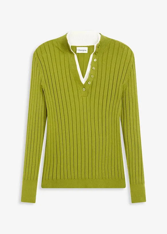 Gerippter Feinstrickpullover mit Viskose in 2 in 1 Optik in grün von vorne - bonprix