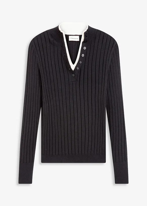 Gerippter Feinstrickpullover mit Viskose in 2 in 1 Optik in schwarz von vorne - bonprix Gerippter Feinstrickpullover mit Viskose in 2 in 1 Optik in schwarz von vorne - bonprix