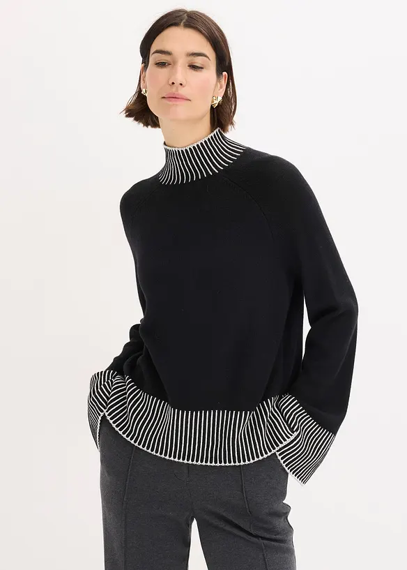 Stehkragenpullover aus weichem Kaschmir-Mix in schwarz von vorne (im Anschnitt) - bonprix