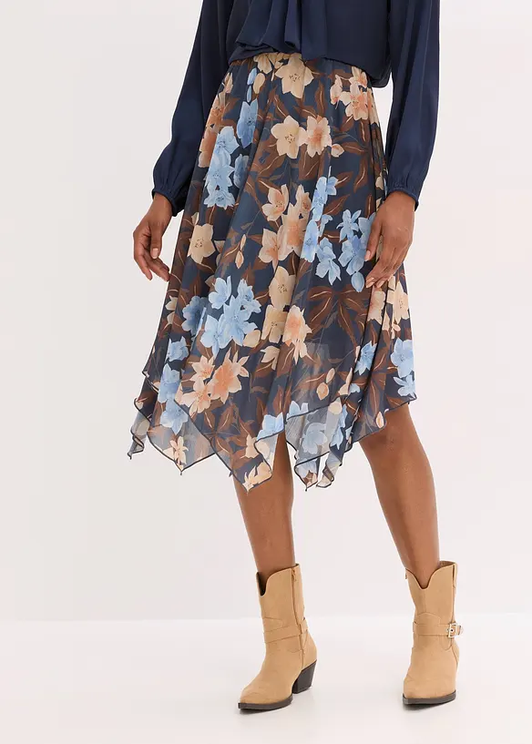 Chiffon-Midirock mit asymmetrischem Saum in blau von vorne - bonprix