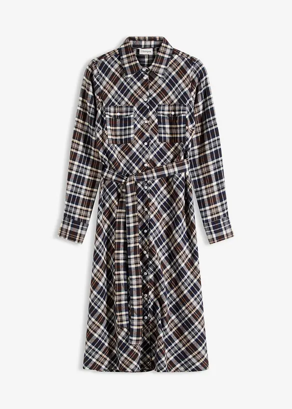 Hemdblusenkleid aus softem Flanell in weiß von vorne - bonprix