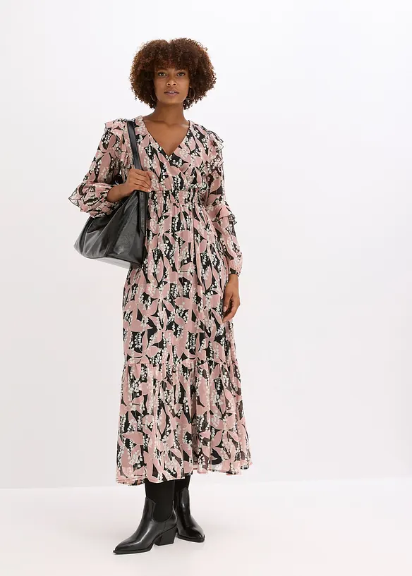 Chiffonkleid mit Volants in schwarz von vorne (Totalaufnahme) - bonprix Chiffonkleid mit Volants in schwarz von vorne (Totalaufnahme) - bonprix