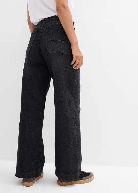 Wide-Leg-Jeans Mid Waist mit aufgesetzten Taschen in schwarz von hinten - bonprix
