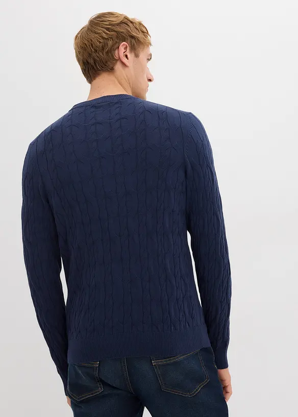 Zopfstrick-Pullover aus reiner Baumwolle in blau von hinten (im Anschnitt) - bonprix