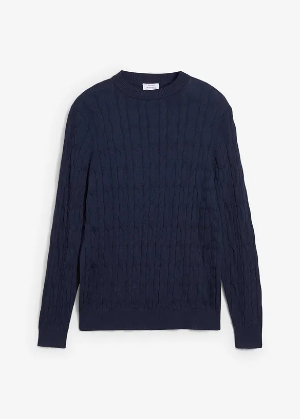 Zopfstrick-Pullover aus reiner Baumwolle in blau von vorne - bonprix