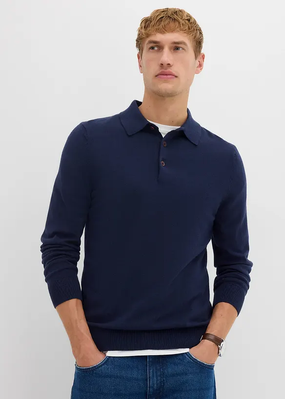 Feinstrick-Polopullover mit edler Merinowolle, Slim-Fit in blau von vorne (im Anschnitt) - bonprix