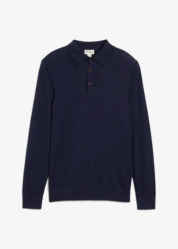 Feinstrick-Polopullover mit edler Merinowolle, Slim-Fit in blau von vorne - bonprix