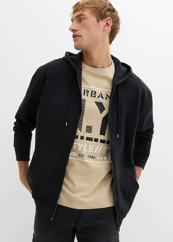 Kapuzen-Sweatjacke in Loose Fit in schwarz von vorne (im Anschnitt) - bonprix