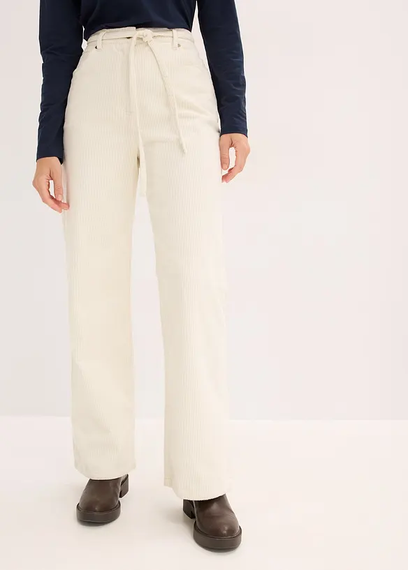 Cordhose mit Bindegürtel aus Baumwoll-mix in weiß von vorne - bonprix Cordhose mit Bindegürtel aus Baumwoll-mix in weiß von vorne - bonprix