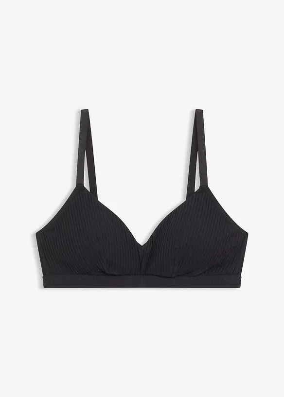 Gepolstertes Bralette ohne Bügel aus gerippter Bio-Baumwolle in schwarz von vorne - bonprix