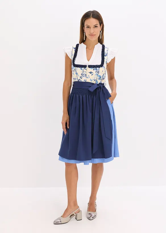 Dirndl mit bestickter Schürze (2-tlg.Set) in blau von vorne (Totalaufnahme) - bonprix