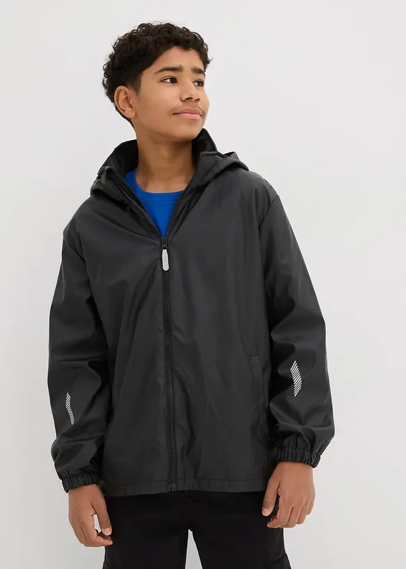 Thermo-Regenjacke mit Fleecefutter und abnehmbarer Kapuze in schwarz von vorne (im Anschnitt) - bonprix