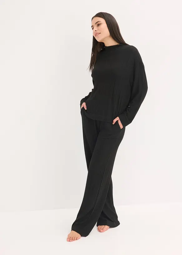 Weit geschnittener Loungewear Hausanzug aus weicher Rippe in schwarz im Look von vorne (Totalaufnahme) - bonprix