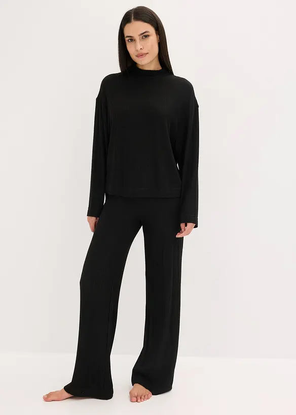 Weit geschnittener Loungewear Hausanzug aus weicher Rippe in schwarz von vorne (Totalaufnahme) - bonprix