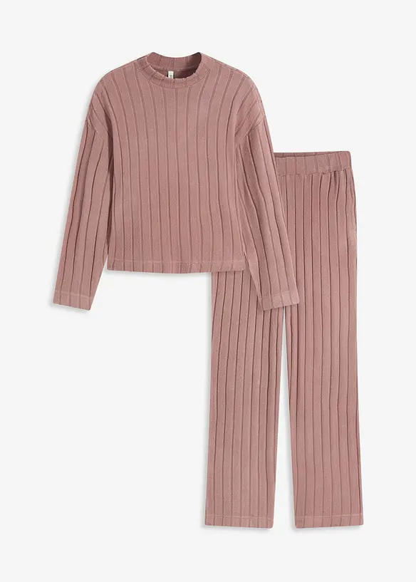 Weit geschnittener Loungewear Hausanzug aus weicher Rippe in braun von vorne - bonprix