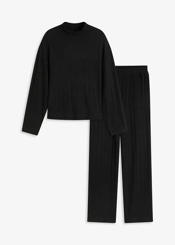 Weit geschnittener Loungewear Hausanzug aus weicher Rippe in schwarz von vorne - bonprix