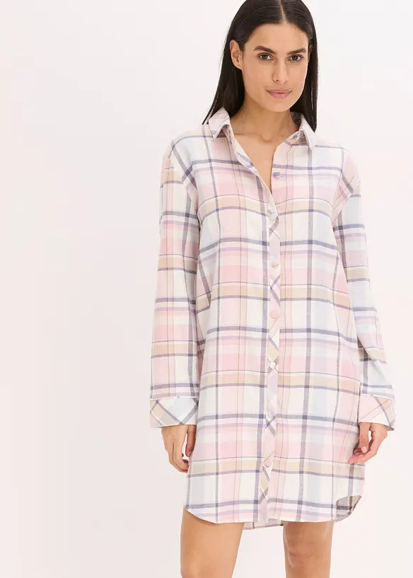 Gewebtes Nachthemd aus Flanell mit Knopfleiste in blau von vorne (Totalaufnahme) - bonprix