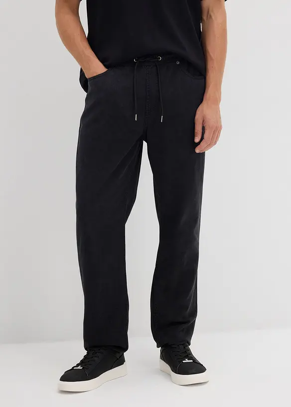 Relaxed Fit Schlupfhose aus reinem Baumwoll-Twill, Tapered in schwarz von vorne - bonprix