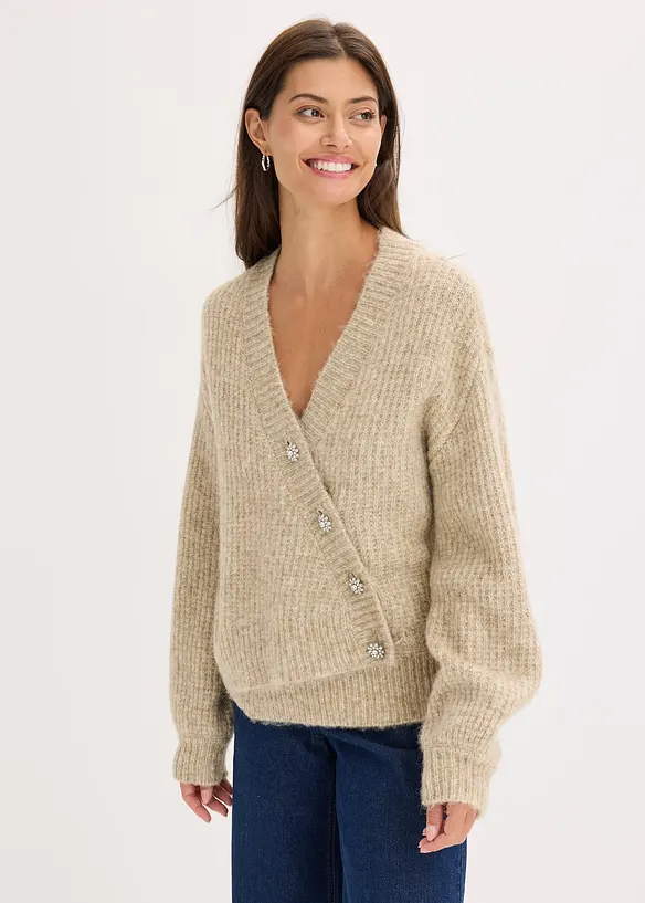 Grobstrickjacke aus weichem Wollmix in beige von vorne (im Anschnitt) - bonprix Grobstrickjacke aus weichem Wollmix in beige von vorne (im Anschnitt) - bonprix