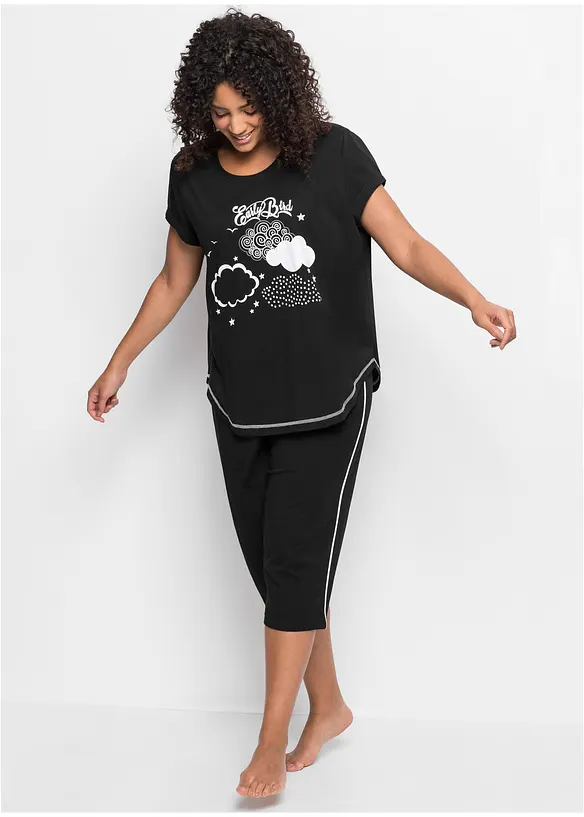 Capri Pyjama aus reiner Bio-Baumwolle in schwarz von vorne (Totalaufnahme) - bonprix