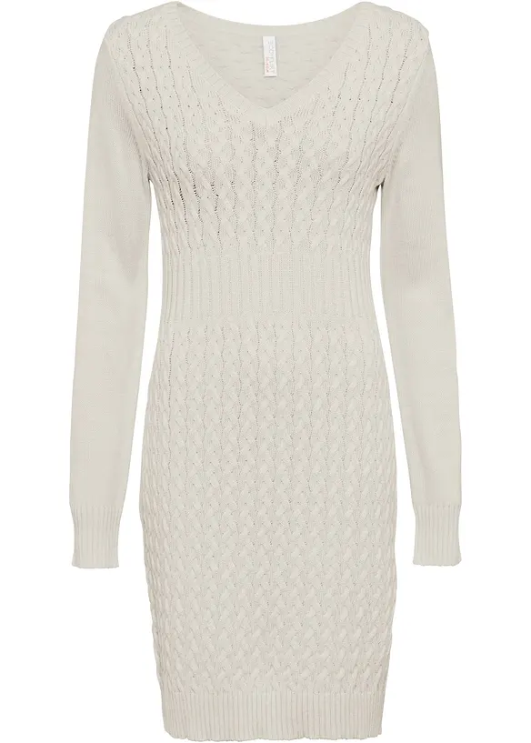Strickkleid mit Zopfmuster in weiß von vorne - bonprix