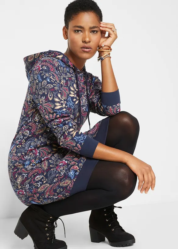 Sweatkleid, bedruckt, langarm in blau von vorne (Totalaufnahme) - bonprix