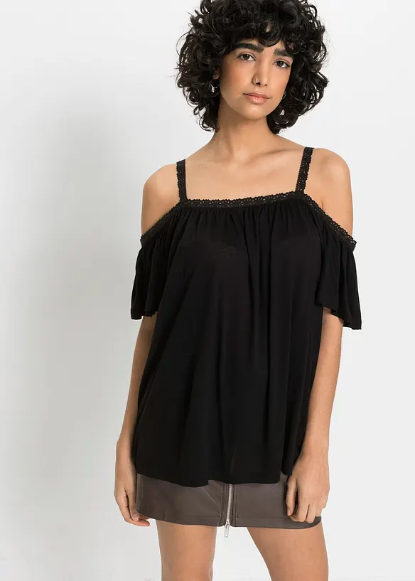 Cold-Shoulder-Shirt aus softer Viskose in schwarz von vorne (im Anschnitt) - bonprix Cold-Shoulder-Shirt aus softer Viskose in schwarz von vorne (im Anschnitt) - bonprix
