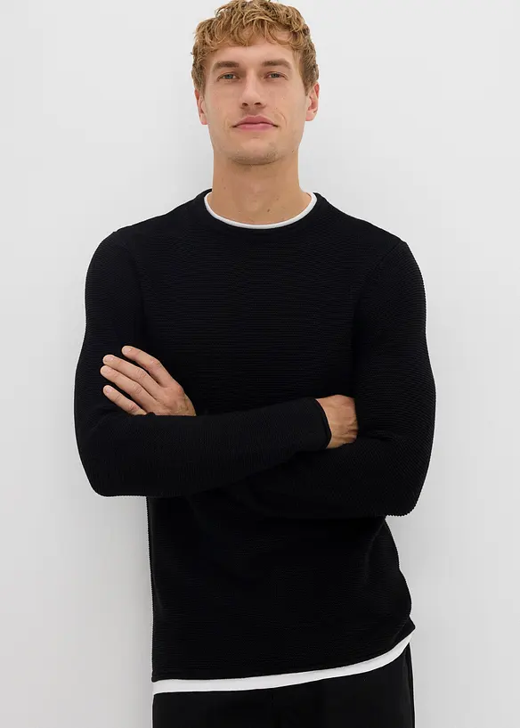 Feinstrickpullover in 2 in 1 Optik in schwarz von vorne (im Anschnitt) - bonprix