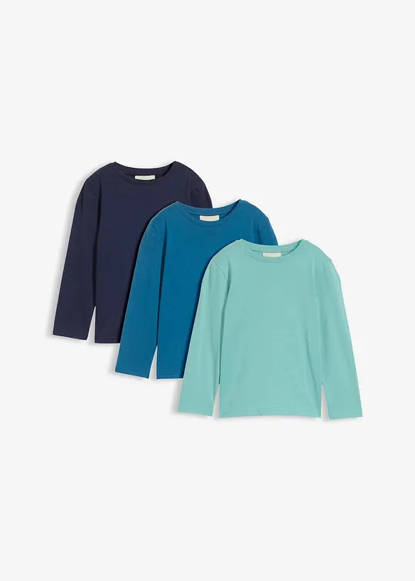 Langarmshirt mit Bio-Baumwolle (3er Pack) in blau von vorne - bonprix