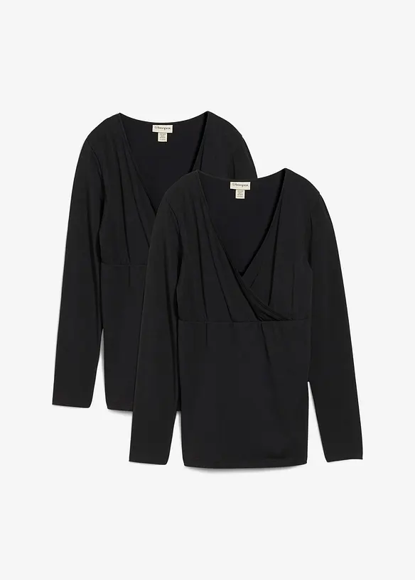 2-in-1 Umstandsshirts und Stillshirts aus Bio-Baumwolle (2er Pack) in schwarz von vorne - bonprix
