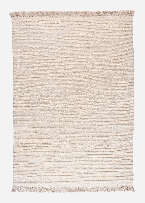 Woll Teppich mit Hoch-Tiefstruktur und Fransen in beige von vorne - bonprix