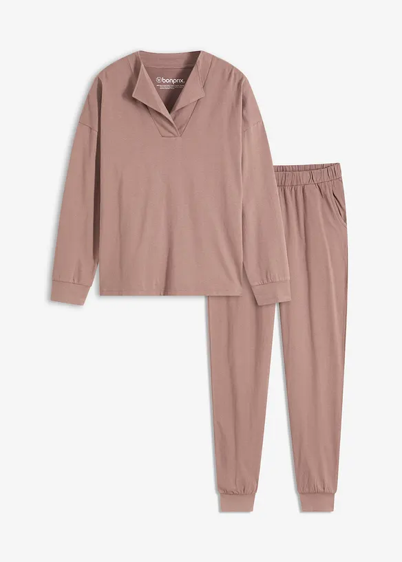 Weit geschnittener Loungewear Hausanzug aus weicher Baumwolle in braun von vorne - bonprix