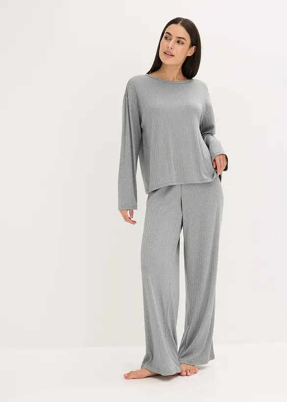Pyjama aus weichem Pointelle-Jersey in grau im Look von vorne (Totalaufnahme) - bonprix