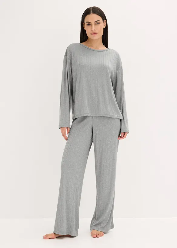 Pyjama aus weichem Pointelle-Jersey in grau von vorne (Totalaufnahme) - bonprix