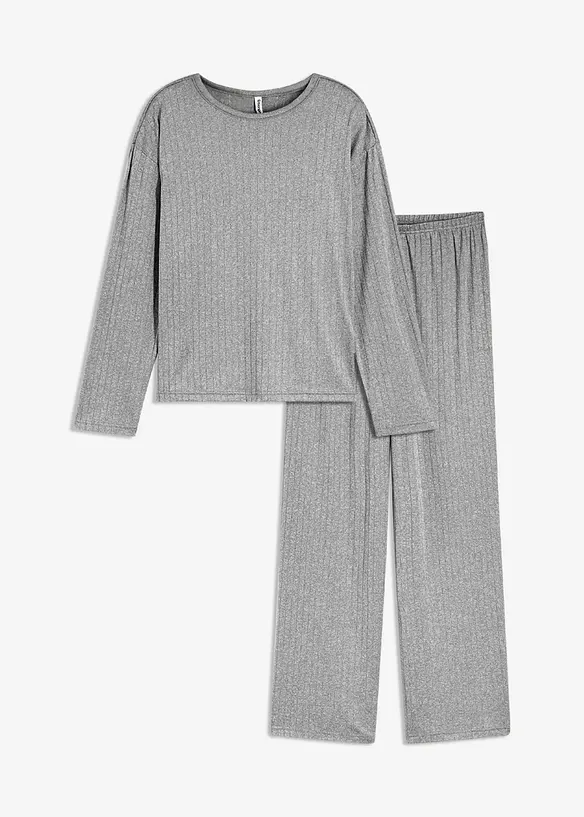 Pyjama aus weichem Pointelle-Jersey in grau von vorne - bonprix