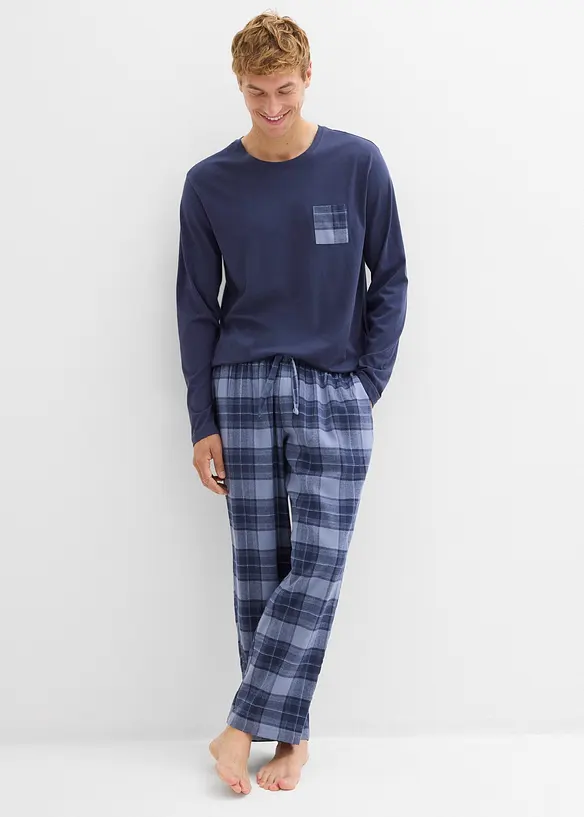 Herren Pyjama mit Flanellhose aus weicher Baumwolle in blau von vorne (Totalaufnahme) - bonprix