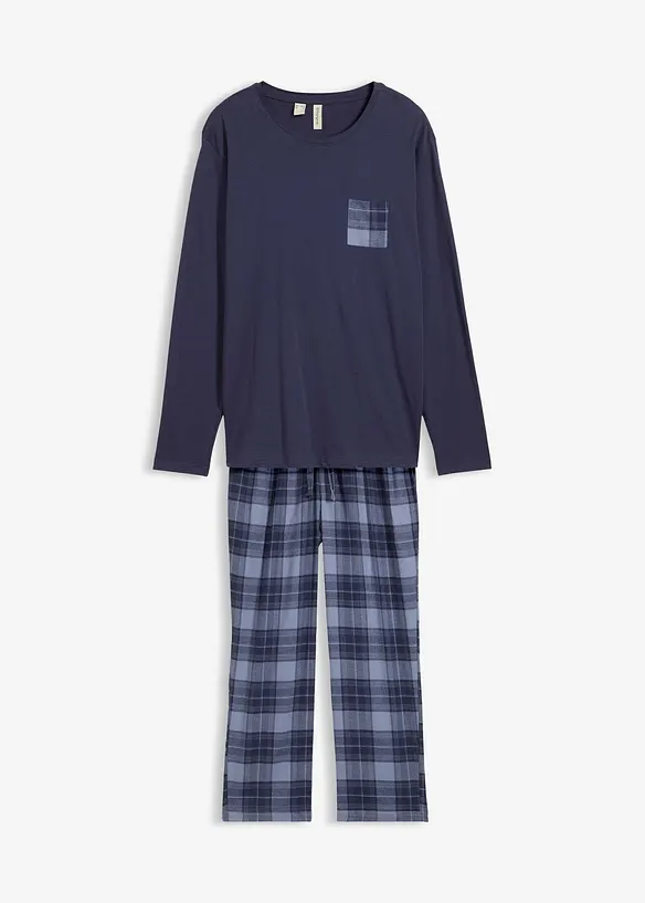 Herren Pyjama mit Flanellhose aus weicher Baumwolle in blau von vorne - bonprix