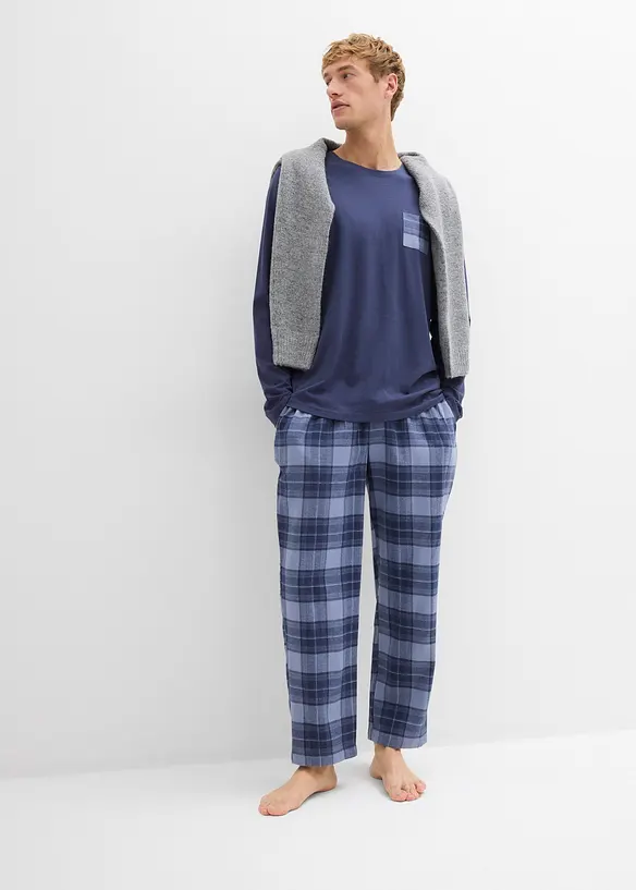 Herren Pyjama mit Flanellhose aus weicher Baumwolle in blau im Look von vorne (Totalaufnahme) - bonprix