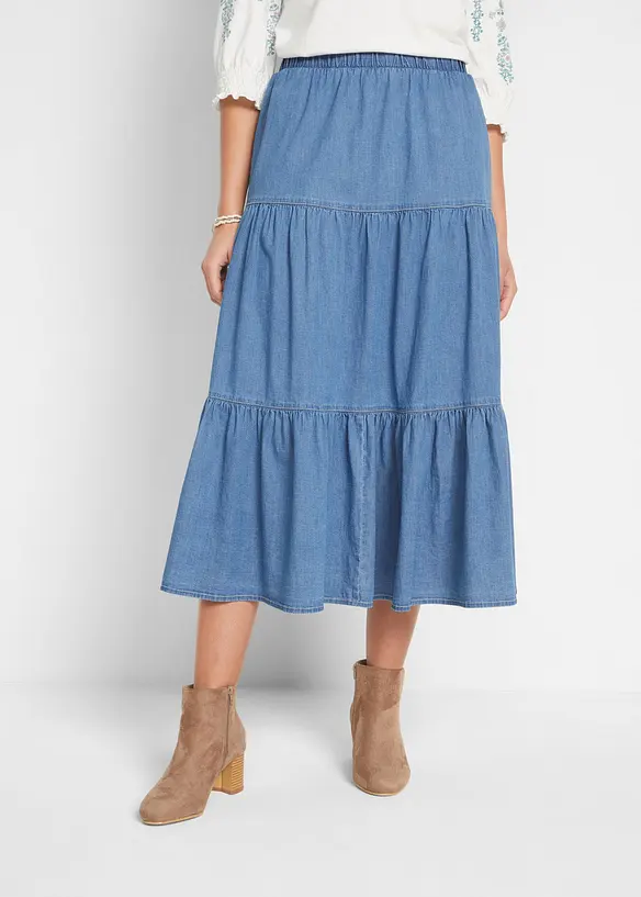 Stufen-Jeansrock, Bequembund in blau von vorne - bonprix Stufen-Jeansrock, Bequembund in blau von vorne - bonprix