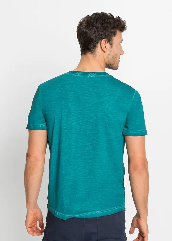 Henleyshirt, Kurzarm in gewaschener Optik aus reiner Bio-Baumwolle in petrol von hinten (im Anschnitt) - bonprix