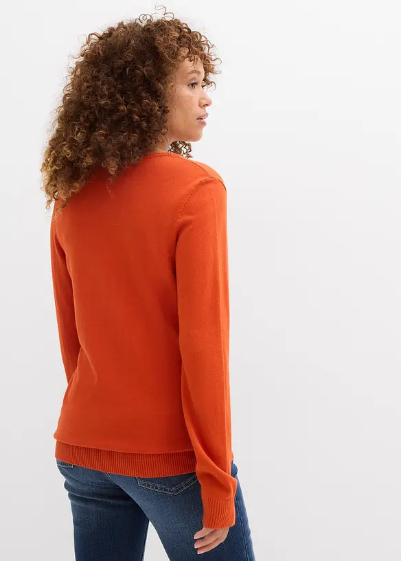 Feinstrick Longpullover mit V-Ausschnitt in orange von hinten (im Anschnitt) - bonprix
